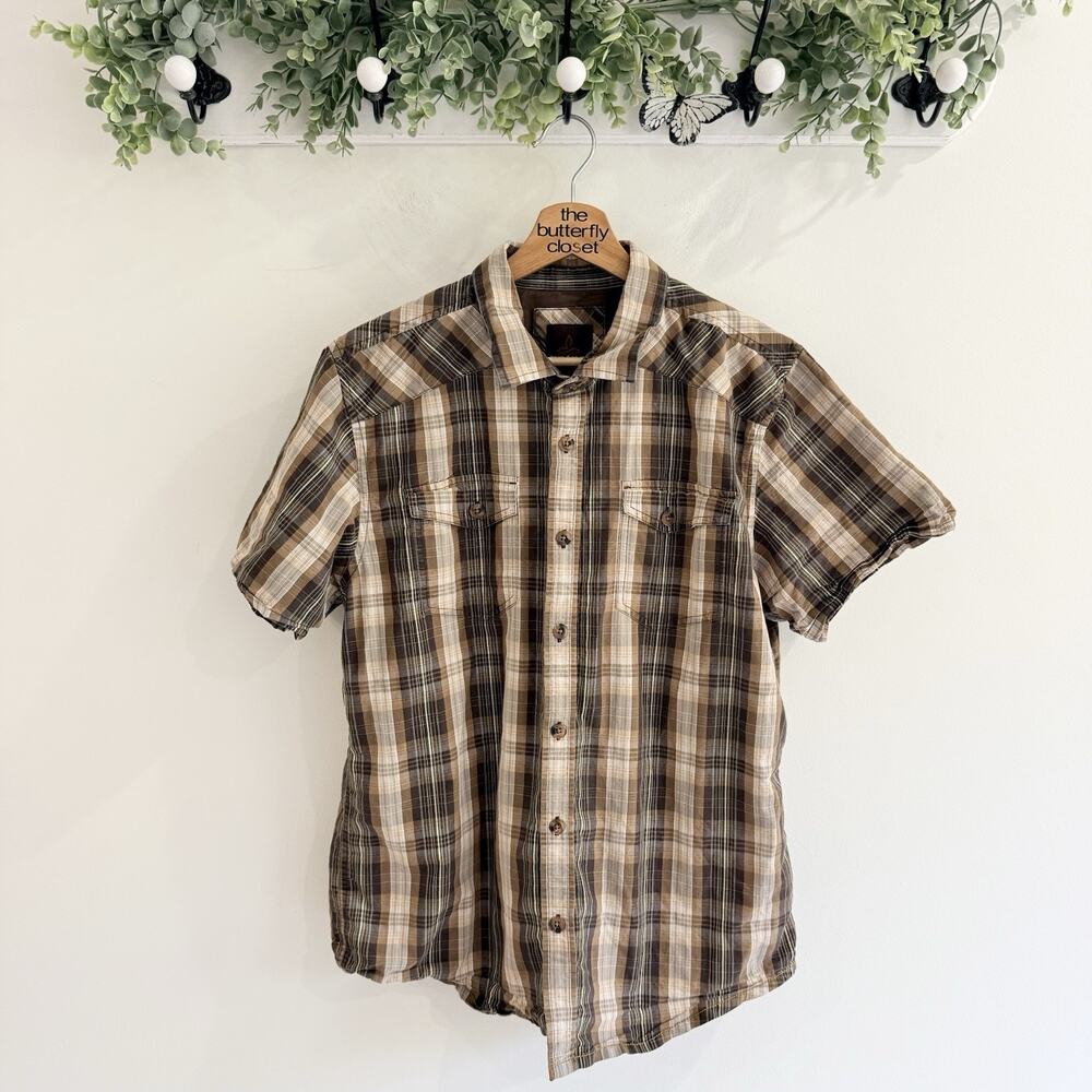 Prana Men's Graden Short Sleeve Button Front Shirt Brown Plaid Size Large 215014